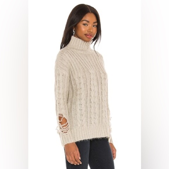 Revolve Superdown Cream Cable Knit Turtleneck Sweater with Distressing Small - Picture 5 of 5